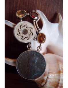 Colgante de plata y MONEDA INDIA,AMBAR, CITRINE ,Y CRAVET BONE